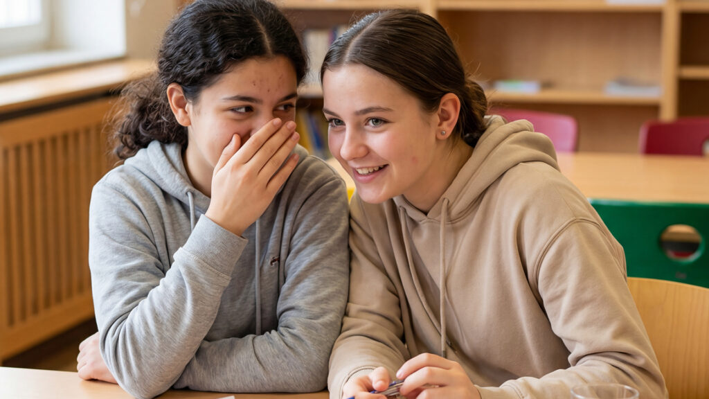 Zwei Jugendliche Mädchen sitzen im Unterrricht und flüstern sich etwas zu